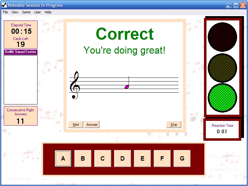 Noteable note-names play mode showing a note on the staff, the A&ndash;G answer buttons and the reaction-time stoplight